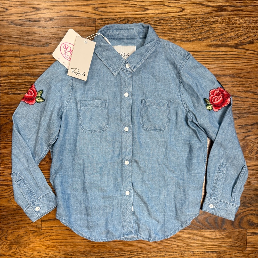 NWT Rails Kids Denim Long Sleeve Shirt with Red Rose Embroidery Size 8-9